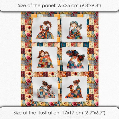 Patchwork Mother & Daughter Cotton Fabric Panel – 6 Designs (10×10 inch Each) + Bonus Sheet 29.5×19.6 inch, 100% Cotton 140 GSM, Made in Türkiye