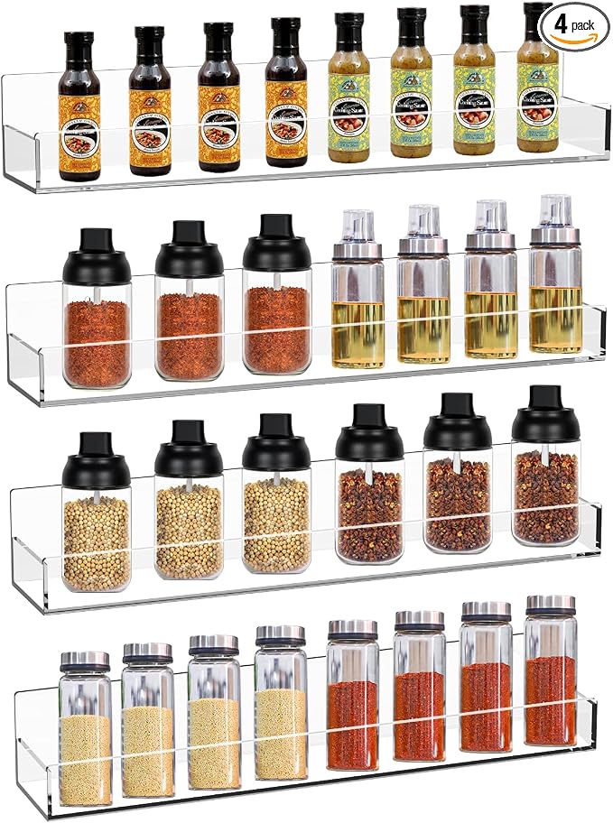 Clear Acrylic Spice Rack, Wall Mounted, 15 inch, 4 PCS | Floating Shelf, Removable End Guards, For Kitchen Cabinet Door Cupboard Bathroom, Holds Jars Nail Polish Books Toiletries