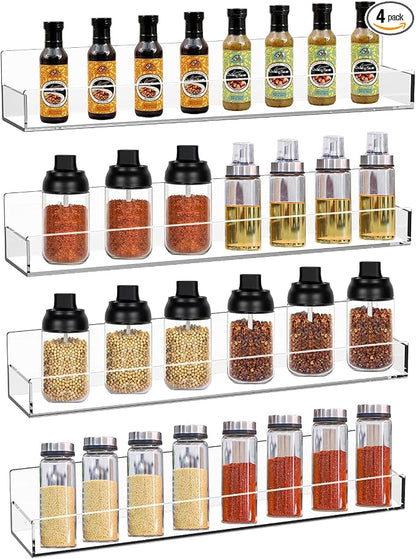 Clear Acrylic Spice Rack, Wall Mounted, 15 inch, 4 PCS | Floating Shelf, Removable End Guards, For Kitchen Cabinet Door Cupboard Bathroom, Holds Jars Nail Polish Books Toiletries