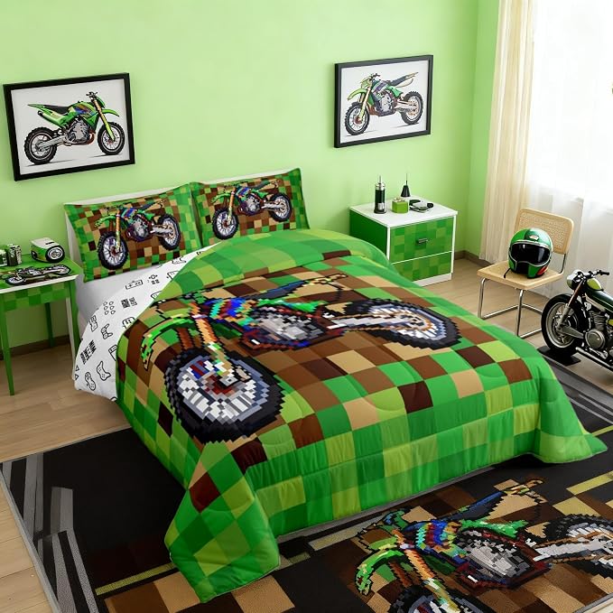 Manfei Cool Motorcycle Full Size Comforter Set,Pixelated Geometric Grid Bedding Comforters Bedroom Collection,Miners Gamepad Duvet Insert,Brown Green Room Decor 3 Pcs Bedding Set for Girls Teens