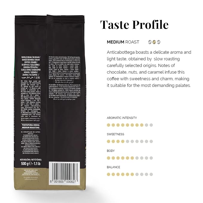 Caffe Vergnano Antica Bottega Whole Bean Coffee 1.1 lb Bag - Medium Roast Arabica Espresso Beans, Italian Coffee Chocolate Caramel Nut Notes - For Coffee Maker, French Press Espresso Maker, Moka Pot