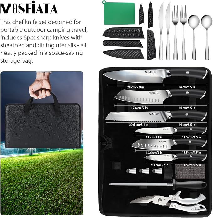 MOSFiATA Chef Knife Sets with Carry case Bag, 19 Pieces Professional Knife Set with Knife Sharpening Rod, High Carbon Stainless Steel Kitchen Chef Knives Set，Dishwasher Safe, For Outdoor