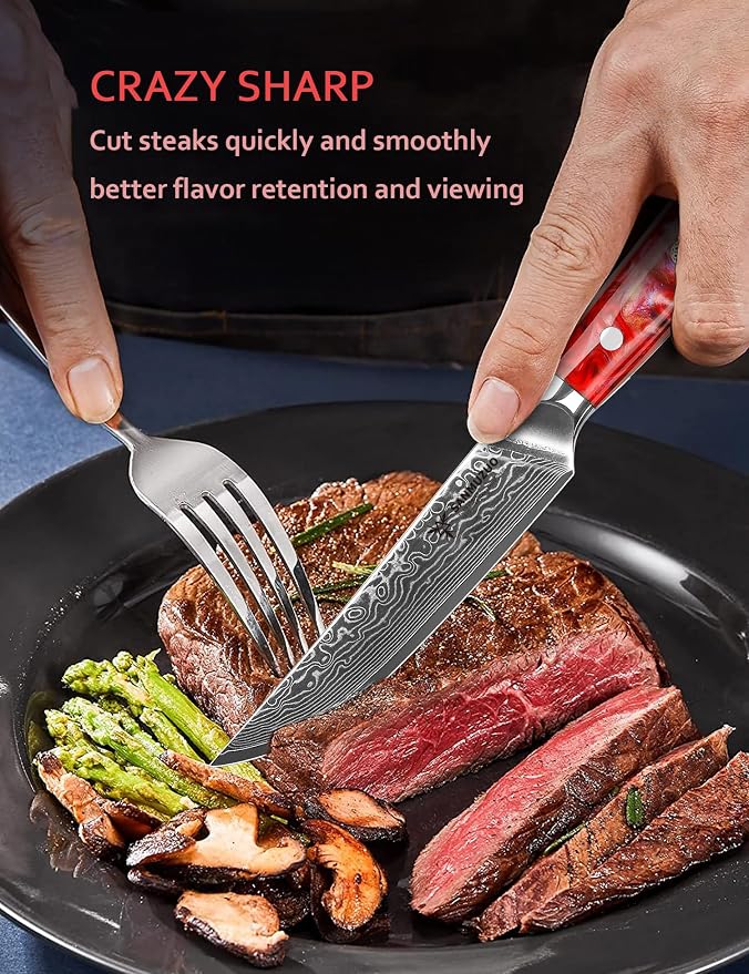 Steak Knives Set of 4, Ultra Sharp Non Serrated Kitchen Steak Knife 5 Inch - Damascus Steel & Resin Handle - Xuan Series (Sunset Red)