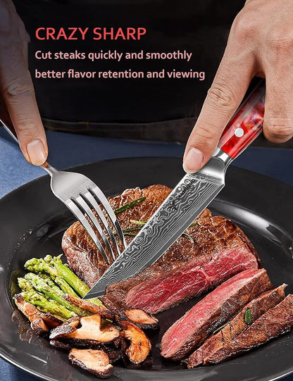 Steak Knives Set of 4, Ultra Sharp Non Serrated Kitchen Steak Knife 5 Inch - Damascus Steel & Resin Handle - Xuan Series (Sunset Red)