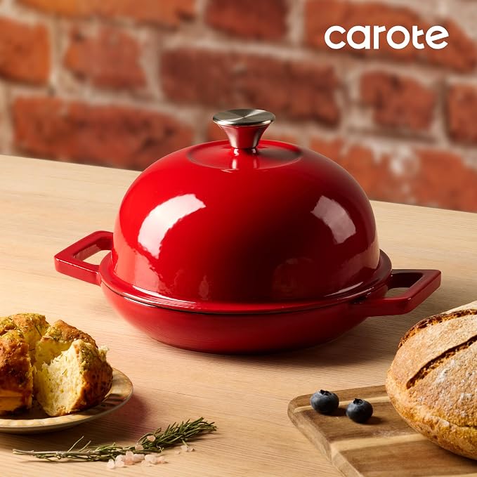 CAROTE Enameled Cast Iron Bread Dutch Oven, Round Bread Oven Pot with Dome Lid for Homemade Sourdough Bread Baking, Healthy & Non-Toxic, Dual Handles, All Stovetop Compatible, Oven Safe up to 500° F, 5 Quarts, 9 Inches, Red
