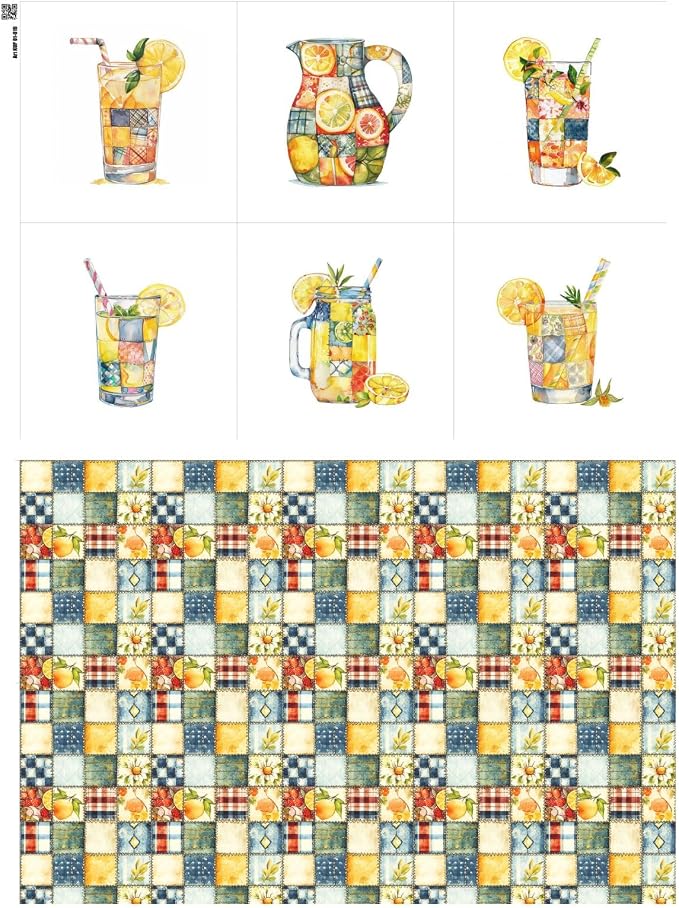 Summer Lemon Patchwork Cotton Fabric Panel – Six 10×10 inch Designs + Bonus 29.5×19.6 inch Patchwork Sheet, 100% Turkish Cotton 140 GSM