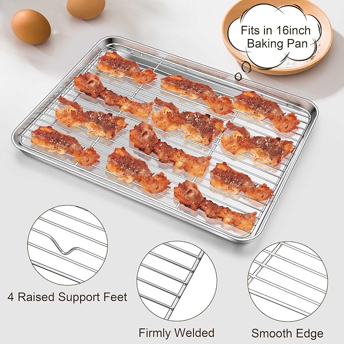 TeamFar Stainless Steel Baking Sheet, 16inch Baking Pans Cookie Sheets for Baking with Cooling Rack & Silicone Baking Mat - 2 Sheet Pans + 2 Roasting Racks + 2 Silicone Mats, Non Toxic, Easy Clean