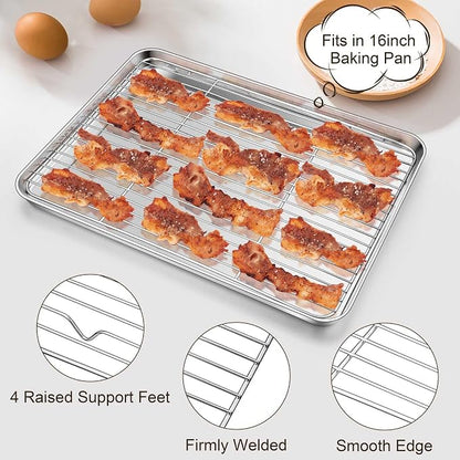 TeamFar Stainless Steel Baking Sheet, 16inch Baking Pans Cookie Sheets for Baking with Cooling Rack & Silicone Baking Mat - 2 Sheet Pans + 2 Roasting Racks + 2 Silicone Mats, Non Toxic, Easy Clean