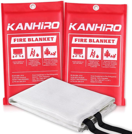 KANHIRO Fire Blanket Emergency for Home Kitchen - Fiberglass Fire Suppression Blanket Great for School, Fireplace, Grill, Car, Office, Warehouse (2 Pack, 39 in X 39 in)