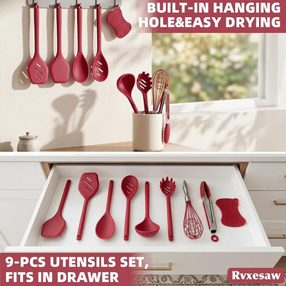 Kitchen Utensils Set,9 PCS Silicone Cooking Utensils Set Spatula Set,Non Toxic Cooking Utensils,Tongs,Spoon,Whisk,Brush,BPA Free Kitchen Gadgets for Non-Stick Cookware,Home Essential(Red-9P)