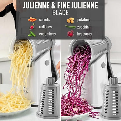 Zulay Kitchen Rotary Cheese Grater 5 Blade Cheese Shredder - Manual Hand Crank Cheese Grater With Reinforced Suction & 5 Interchangeable Drums - Easy to Use, Vegetable Chopper Round Mandoline Slicer