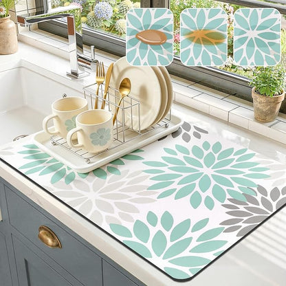 Findosom Floral Dish Drying Mat, 16" x 24" Super Absorbent & Hide Stain Coffee Mat, Cuttable Drying Mat for Kitchen Counter, Under Dish Rack, Coffee Maker, Espresso Machine, Teal