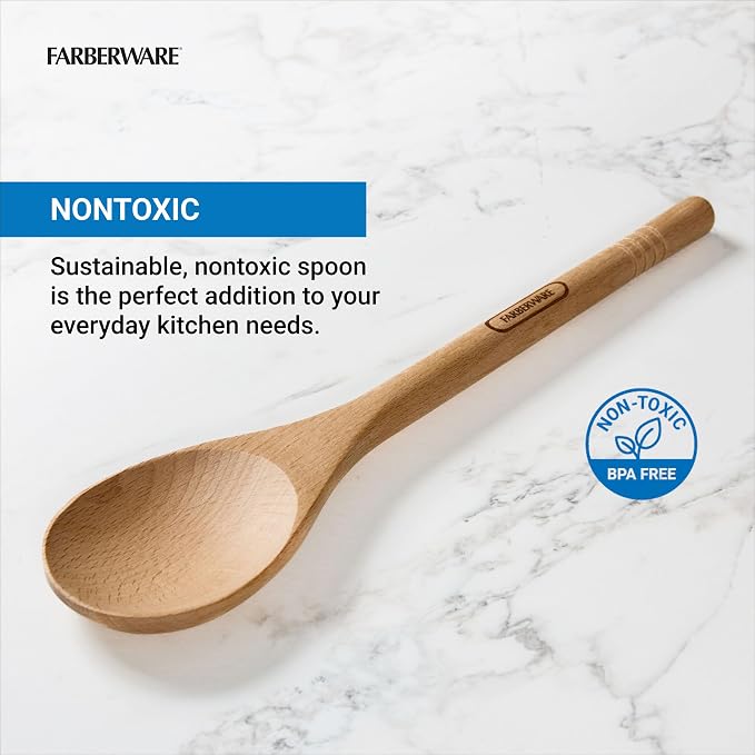 Farberware Professional Beechwood Wooden Spoon for Cooking - Durable Natural Wood Kitchen Utensil, Safe for Nonstick Cookware, Perfect for Stirring and Basting, Hand Wash Only