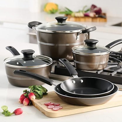 Tramontina Sicilia 8-Piece Non Stick Cookware Set with Glass Lids, Aluminum Nonstick Pots and Pans Kitchen Set (Hazelnut)