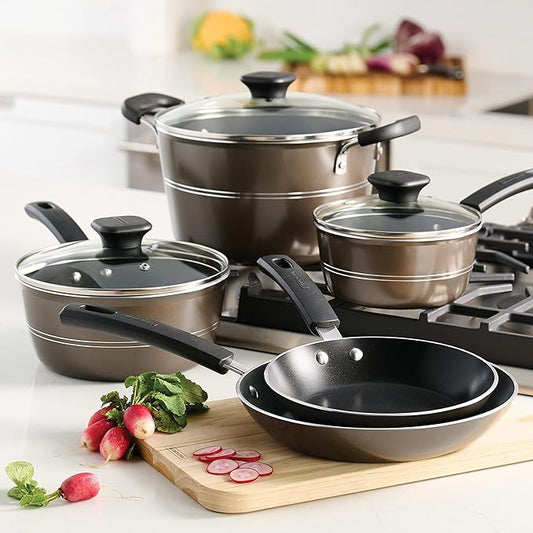 Tramontina Sicilia 8-Piece Non Stick Cookware Set with Glass Lids, Aluminum Nonstick Pots and Pans Kitchen Set (Hazelnut)