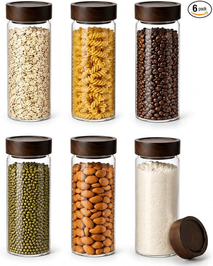 Sixhaven Wide Mouth Glass Storage Jars With 3" Acacia Wood Lids - 6 Pack of 25.3 Oz Airtight Food Storage Containers - Borosilicate Glass Canisters for Kitchen - Pantry Organizers Storage for Coffee