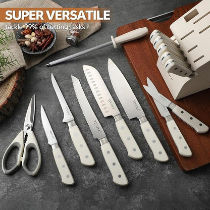 TIVOLI 15 Pieces Knife Set with Block, Forged, High Carbon Stainless Steel Sharp Blade Kitchen Knife Block Set with Ergonomic Wood Handle, Dishwasher Safe Cutlery, Gifts For Cooks, Cream White