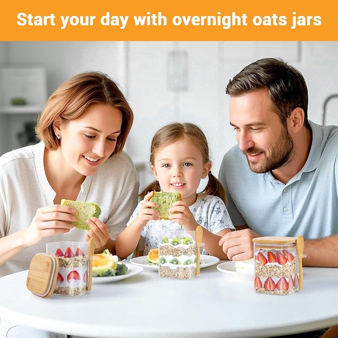 Glass Storage Jars with Airtight Lid - 2 Pack 28 Fl.oz Square Glass Containers with Bamboo Lids and Spoon, Includes Labels and Marker, Cereal Container Tea Canister for Flour, Beans, Sugar