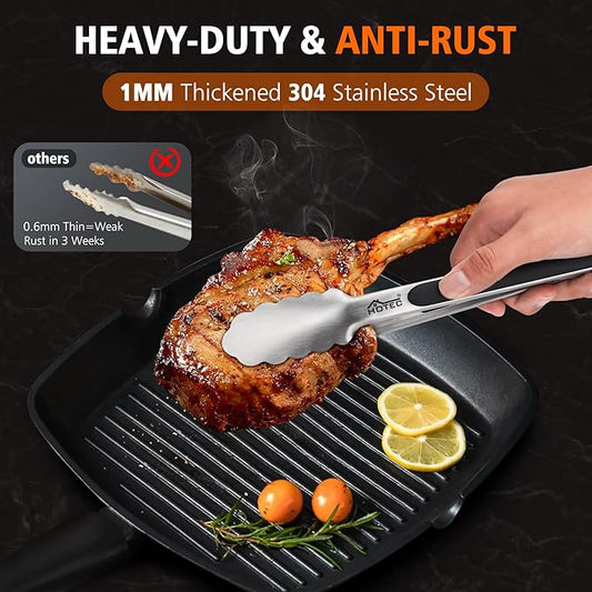 Hotec Stainless Steel Kitchen Tongs, Set of 3-7", 9" and 12", Locking Metal Food Tongs for Cooking, Serving, BBQ, Grill with Non-Slip Grip
