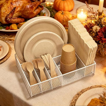 Paper Plate Organizer for Countertop - Metal Utensil Caddy Silverware Holder Cutlery Flatware Plastic Spoon Fork Plates Napkins Cup Storage Dispenser Party Picnic Essentials Camping White