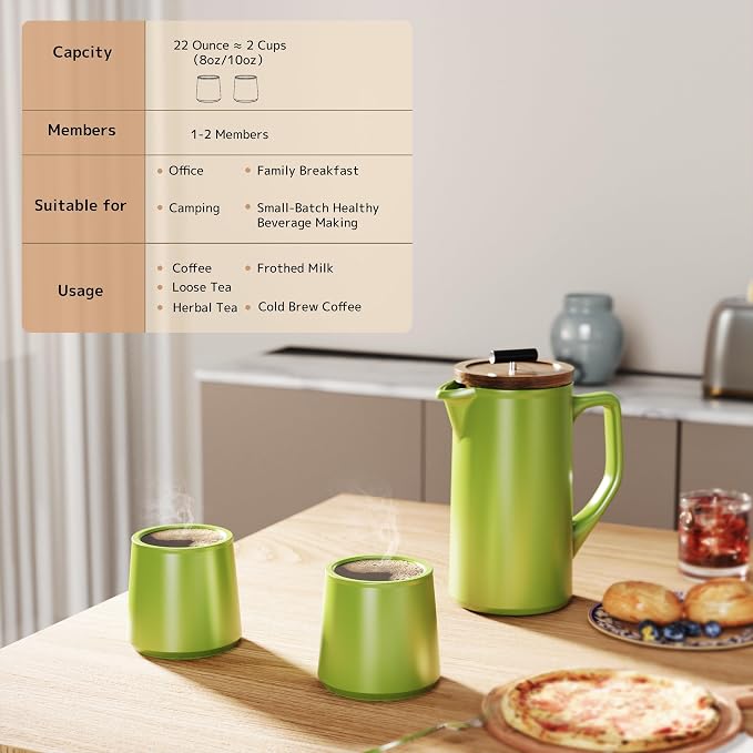 Ceramic French Press Coffee Maker, 22oz Single Serve Coffee Press with Walnut Wood Lid, Lead-Free, Food Grade Stainless Steel Filter with Dual Screen for Coffee and Loose Tea, Green