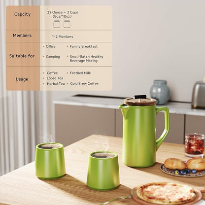 Ceramic French Press Coffee Maker, 22oz Single Serve Coffee Press with Walnut Wood Lid, Lead-Free, Food Grade Stainless Steel Filter with Dual Screen for Coffee and Loose Tea, Green