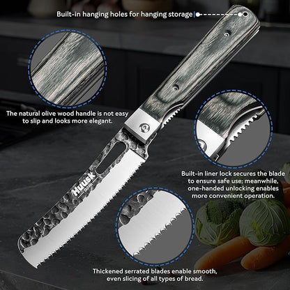 Huusk Folding Chef Knife Set - Japanese Hand Forged Pocket Knife Set - Including Nakiri, Santoku, Bread and Fruit Knives - Gifts for Men and Women