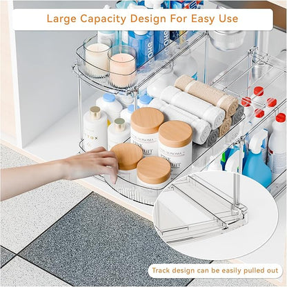 Yieach 2 Pack 13.8″ Deep 2 Tier Under Sink Storage Organizer,Large Pull Out Bathroom Organizers and Storage,Slide Out Acrylic Undersink Storage Shelf,Kitchen Under Sink Organizer for Cleaning Products