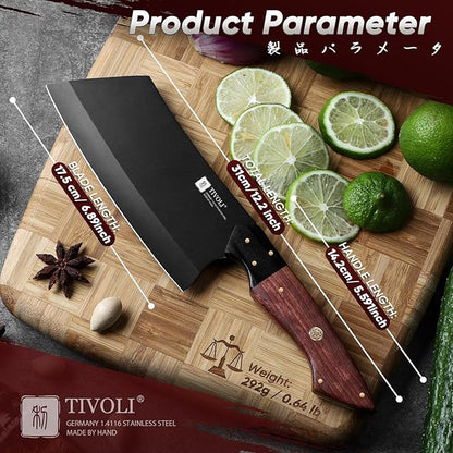 TIVOLI Meat Cleaver Knife 7inch - Black Butcher Knife for Meat Cutting - Japanese High Carbon Steel Cleaver for Vegetables Chopping - Kitchen Cooking Knives with Wooden Handle - Gift for Men and Women