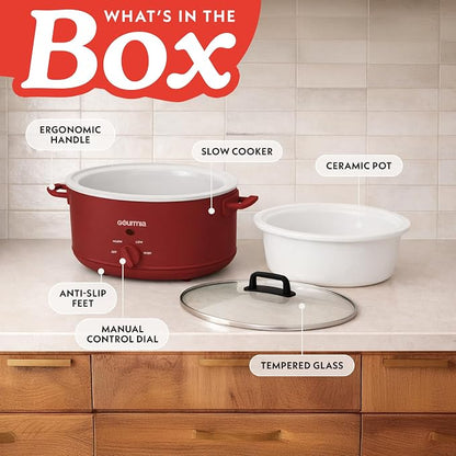 Gourmia Slow Cooker - 7 Quart Removable Ceramic Pot, Manual Controls with 3 Temperature Settings, Dishwasher Safe Crock and Glass Lid, Red