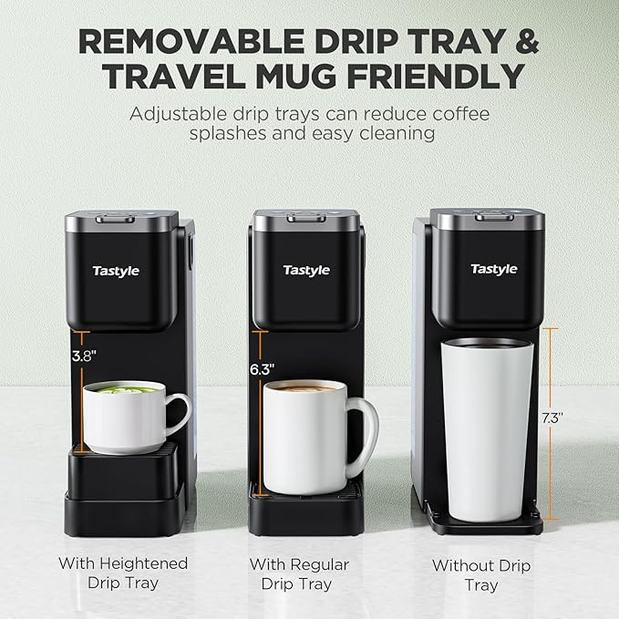 Tastyle 330MF Single Serve Coffee Maker with Built-in Detachable Milk Frother, Iced and Hot Coffee Machine for K Cup & Grounds, 40oz Removable Water Reservoir, 6 Cup Sizes, Fits 7.3" Travel Mug, Black