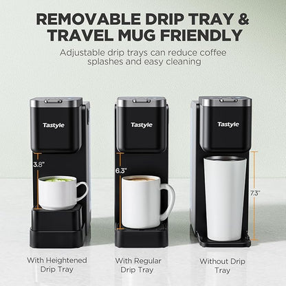 Tastyle 330MF Single Serve Coffee Maker with Built-in Detachable Milk Frother, Iced and Hot Coffee Machine for K Cup & Grounds, 40oz Removable Water Reservoir, 6 Cup Sizes, Fits 7.3" Travel Mug, Black
