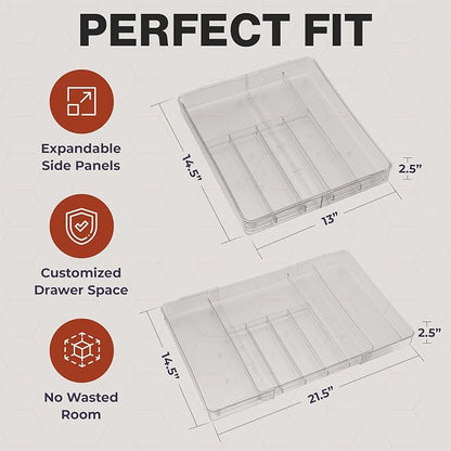 Masirs Expandable Utensil Drawer Organizer - BPA-Free Plastic Clear Silverware Tray with Multiple Compartments - Non-Slip Cutlery Storage for Kitchen, Bathroom, or Office Drawers (Clear)