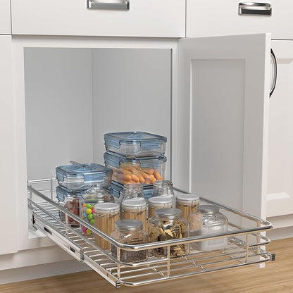 JOWBOOW Pull Out Cabinet Organizer 17" W x 21" D, Put Out Shelves for Kitchen Cabinets, Roll Out Drawers Heavy-Duty Metal Sliding Shelf, Bottom Mount