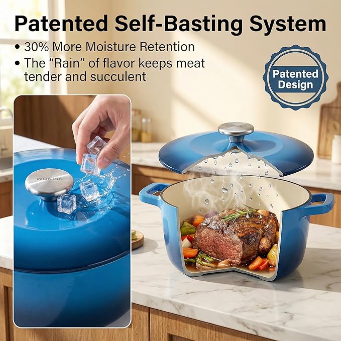 5QT Enamel Cast Iron Dutch Oven with Lid,Dual Handles,Versatile Heavy-Duty Non-toxic Cookware for Sourdough Bread Baking,Braising,Stews,Roasting,Oven Safe up to 500°F blue