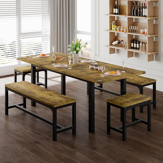 Feonase 5-Piece Dining Table for 4-8 People, 63" Extendable Kitchen Table Set with 2 Benches & 2 Square Stools, Dining Room Table with MDF Wood Board, Easy Clean, Rustic Brown