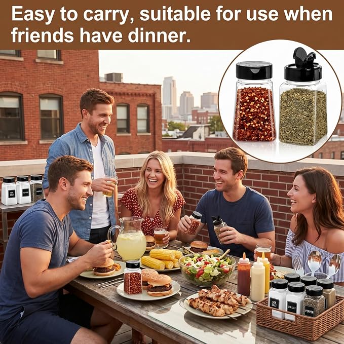 Tebery 24 Pack 9 Oz Plastic Spice Jars with Black Cap, Reusable Seasoning Containers Bottles for Kitchen Organization, Clear Plastic Spice Container with Shaker Lids for Spices Powders Herbs