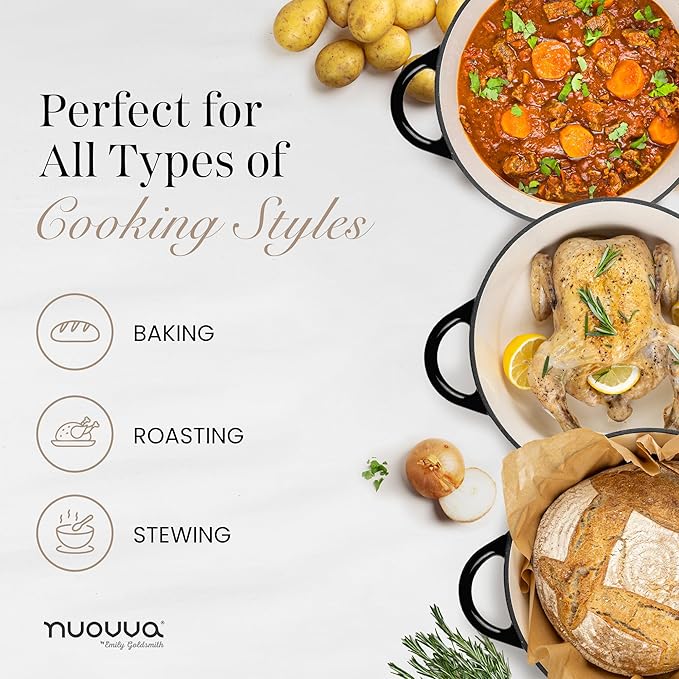 Cast Iron Dutch Oven with Lid - Non-Stick Ovenproof Enamelled Casserole Pot - Sturdy Dutch Oven Cookware - Black, 3.1-Quart, 22cm- by Nuovva