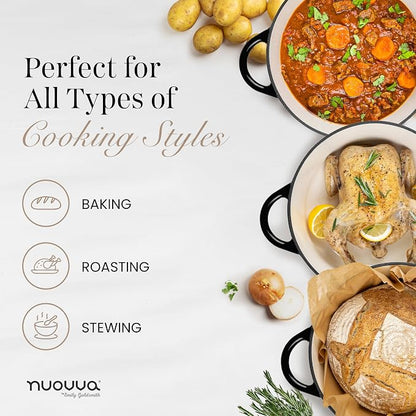 Cast Iron Dutch Oven with Lid-Non-Stick Ovenproof Enamelled Casserole Pot- Sturdy Dutch Oven Cookware - Black, 7.3- Quart, 30cm- by Nuovva