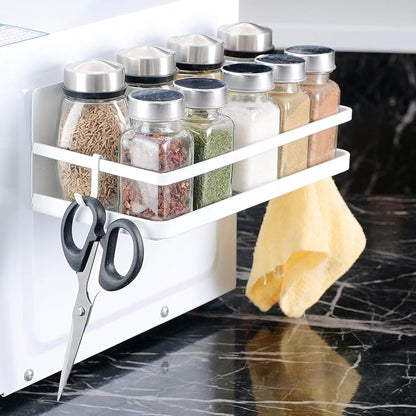 Magnetic Spice Rack with 4 Removable Hooks, Strong Magnet Spice Shelf for Spices, Cooking Oils, Salt, Pepper, Works Perfectly on the Side of Refrigerator for Small Kitchen/Apartment (White)