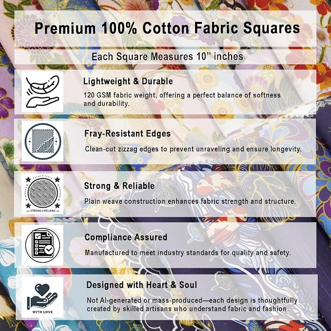 Soimoi 40 Pcs 10 x 10 inches Quilting Fabric Bundles Precut, DIY Cotton Fabric Squares, Printed Layer Cakes Patchwork Materials for Crafts Cloths Decor,Charm Squares for Quilts- Japanese Serenity