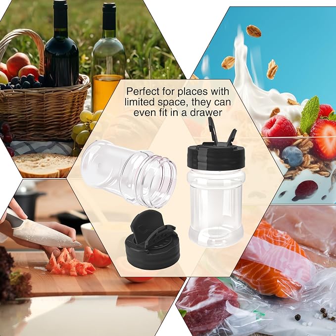 30 Pcs 2 oz Mini Plastic Spice Jars with Sifters Clear Empty Spice Bottles Round Seasoning Containers for Travel Kitchen (Black Top with 2 Side Hole)