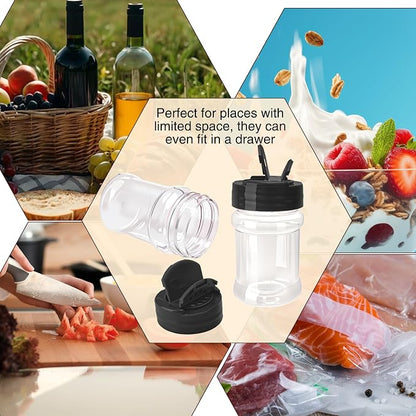 30 Pcs 2 oz Mini Plastic Spice Jars with Sifters Clear Empty Spice Bottles Round Seasoning Containers for Travel Kitchen (Black Top with 2 Side Hole)
