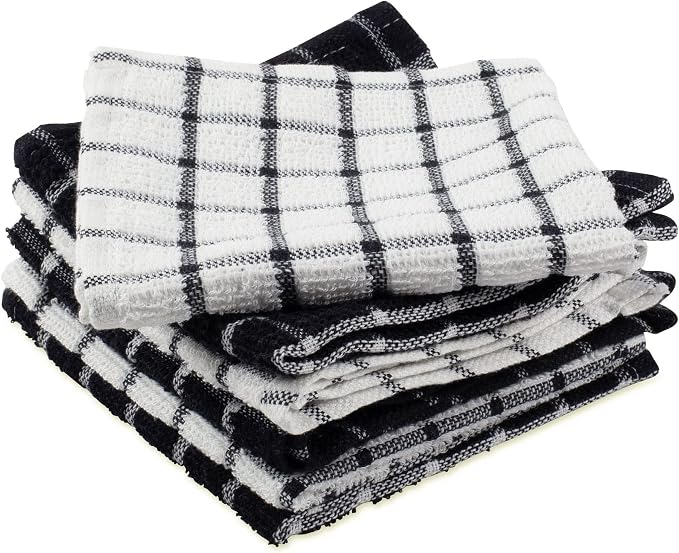 DII Basic Terry Collection Windowpane Dishcloth Set, 12x12, Black, 6 Piece