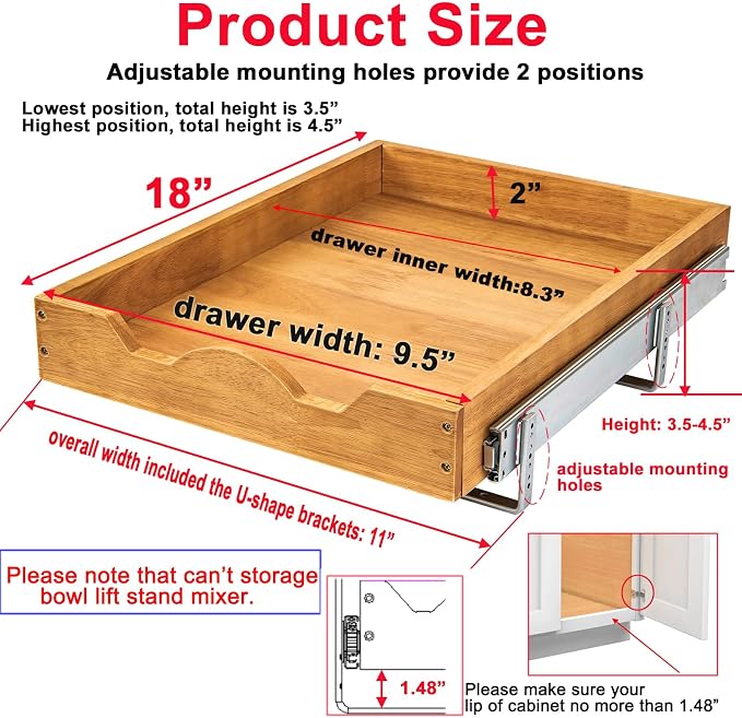 DINDON Pull Out Cabinet Organizer (11" W x 18" D) 1 Tier，Single Tier Oak Wood Under Cabinet Slide Out Shelf Drawer Box…