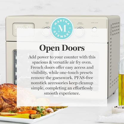 Martha Stewart French Door Air Fryer Toaster Oven Combo, 34QT Countertop Convection, 12-in-1, Bake, Broil, Roast, Fits 12” Pizza, Dehydrate, 5 Accessories, Air Fry Basket, Stainless Steel, Linen Cream