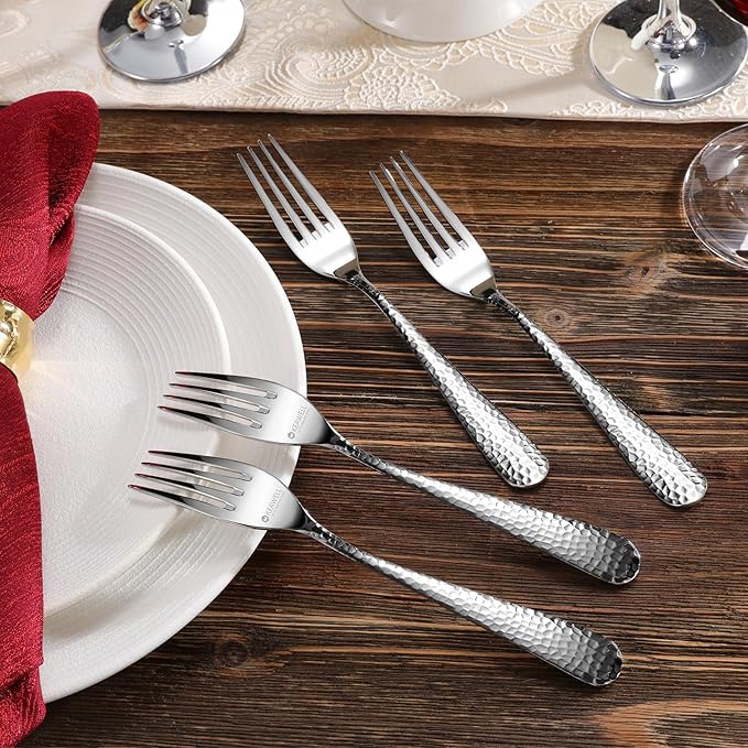 KEAWELL Premium 4-Piece Louise Hammered Fork Set, 18/10 Stainless Steel, Fine Fork Set with Round Edge, Brightly-Mirror polished, Dishwasher Safe. (4, 8" Dinner Forks)