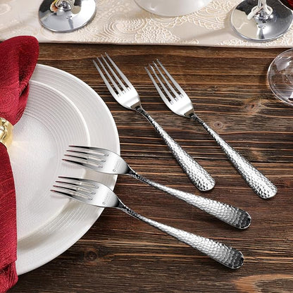 KEAWELL Premium 4-Piece Louise Hammered Fork Set, 18/10 Stainless Steel, Fine Fork Set with Round Edge, Brightly-Mirror polished, Dishwasher Safe. (4, 8" Dinner Forks)