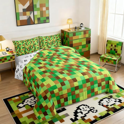 Manfei Pixelated Grid Comforter Set Queen Size,Geometric Camo Blocks Duvet Insert Adults Bedroom Decor,Miners Gamepad Games Bedding Set,Green Brown Ultra Soft Microfiber Inner Fill 3Pcs Bedding