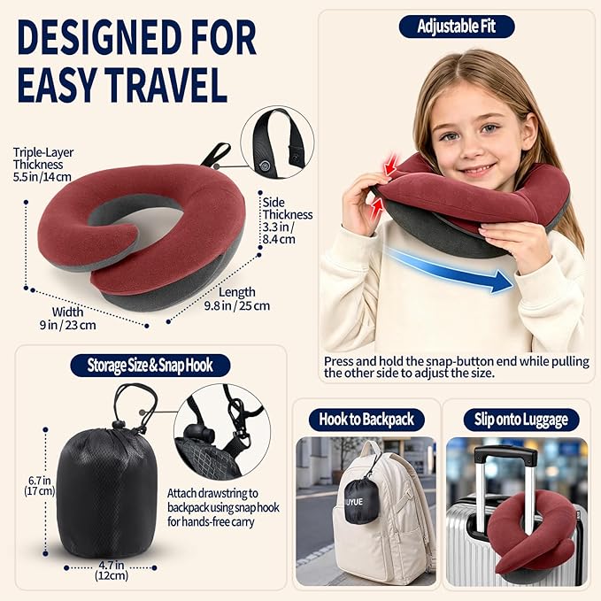 BUYUE Kids Travel Pillows for Airplane, Memory Foam 360° Head Support Sleeping Essentials for Long Flight, Skin-Friendly Soft Neck Pillow for Traveling in Car Seat, (Small, Red Grey, 40-90 lbs)
